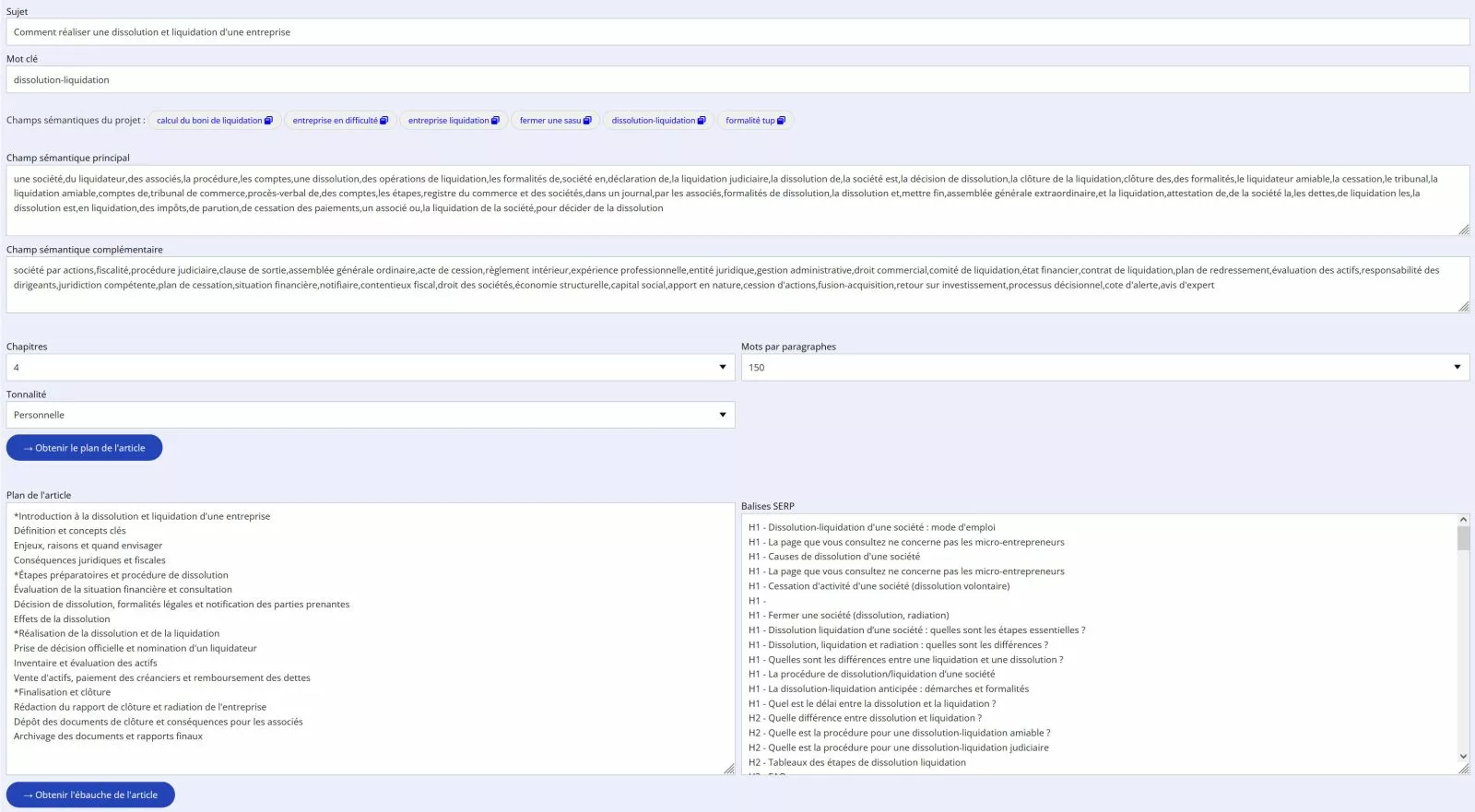 Paramètres pour la rédaction d'un article par l'IA